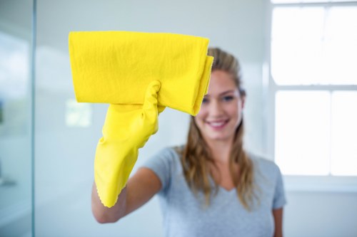 Technician cleaning carpets in a modern E14 apartment