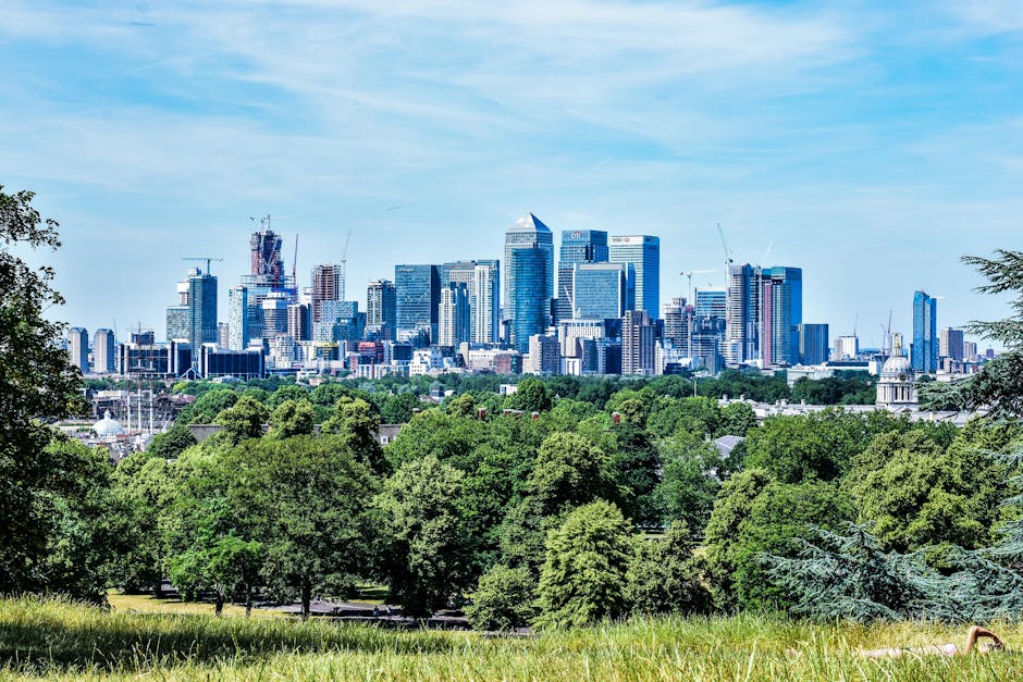 A panoramic view of a modern city skyline with numerous high-rise office buildings and glass skyscrapers, set against a bright blue sky with scattered clouds. In the foreground, there is a lush green 